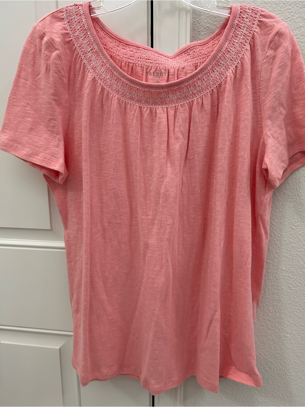 Talbots Coral Pink Short-Sleeve Smocked Neck Tee